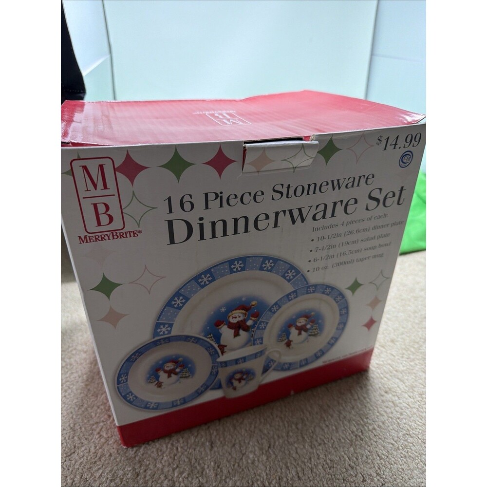 Vintage 2003 Merry Brite Snowman Dinnerware Set 16-Piece NIB